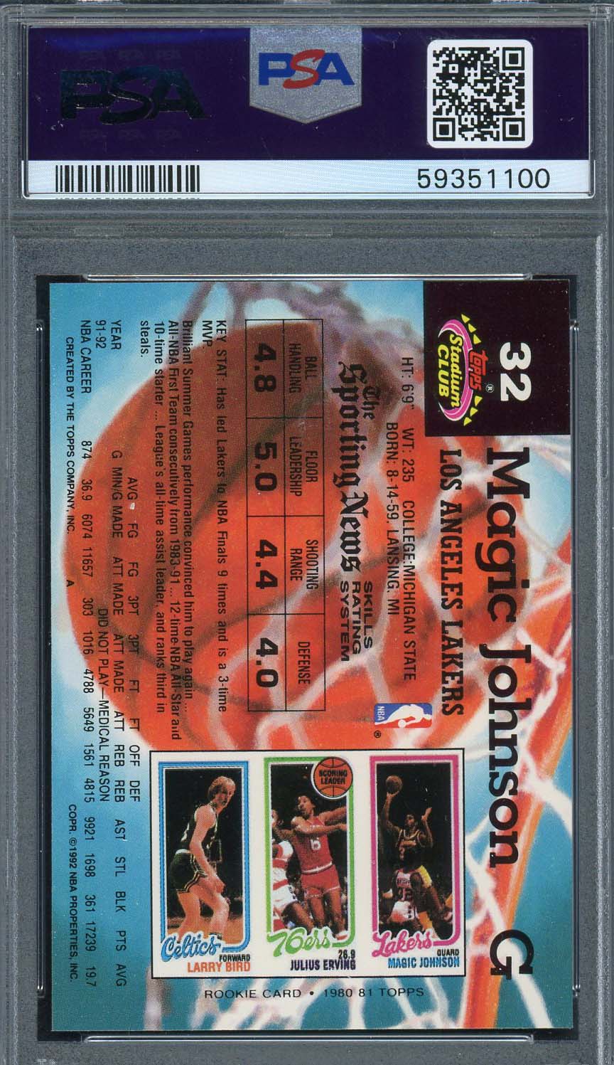 Magic Johnson 1992 Topps Stadium Club Basketball Card #32 Graded PSA 9-Powers Sports Memorabilia