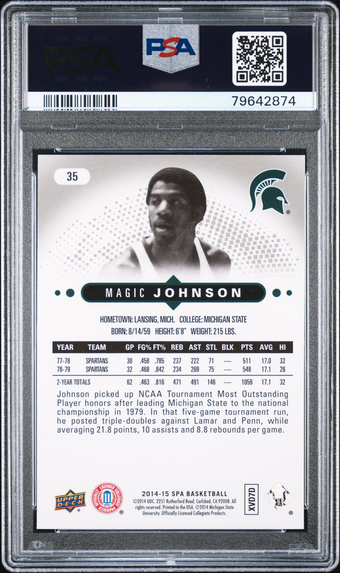Magic Johnson 2014 Upper Deck SP Authentic Basketball Card #35 Graded PSA 10-Powers Sports Memorabilia