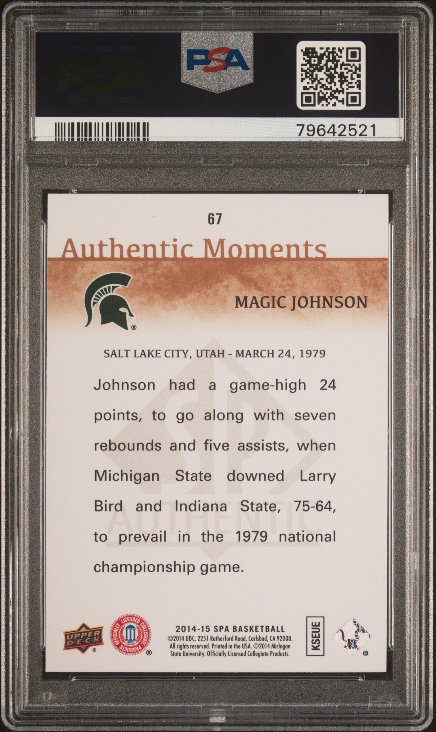 Magic Johnson 2014 Upper Deck SP Authentic Basketball Card #67 Graded PSA 10-Powers Sports Memorabilia