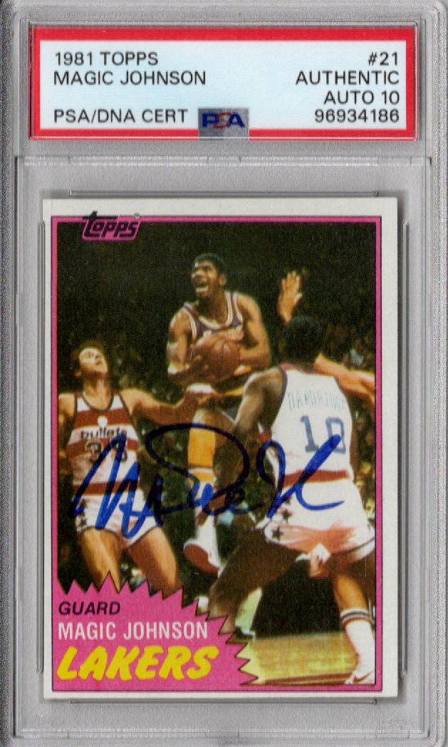 Magic Johnson Signed Los Angeles Lakers 1981 Topps Rookie Card PSA AUTHENTIC AUTO 10-Powers Sports Memorabilia