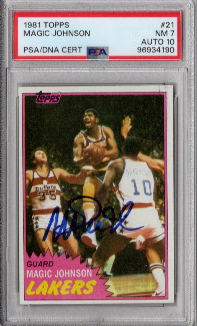 Magic Johnson Signed Lakers 1981 Topps #21 Rookie Card PSA 7 AUTO 10-Powers Sports Memorabilia