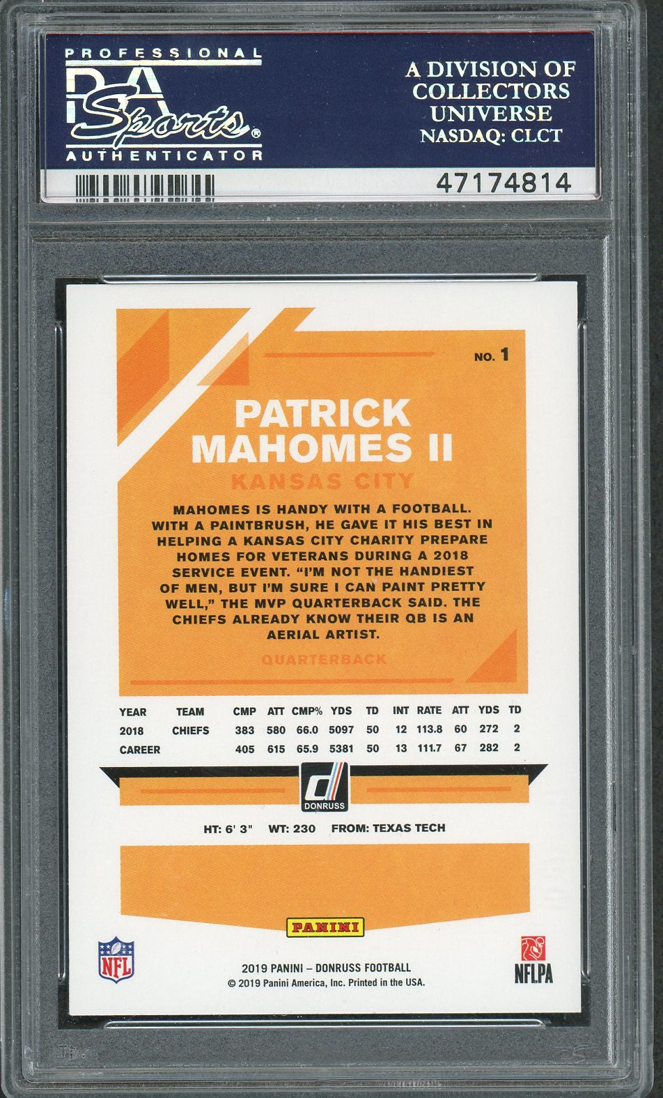 パトリック・マホームズ 2019 パニーニ・ドンラス フットボール カード #1 グレード PSA 10 GEM MINT