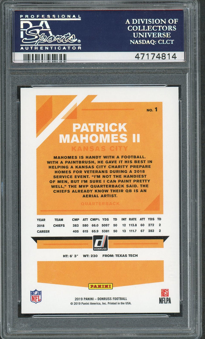 Patrick Mahomes 2019 Panini Donruss Football Card #1 Graded PSA 10 GEM MINT-Powers Sports Memorabilia