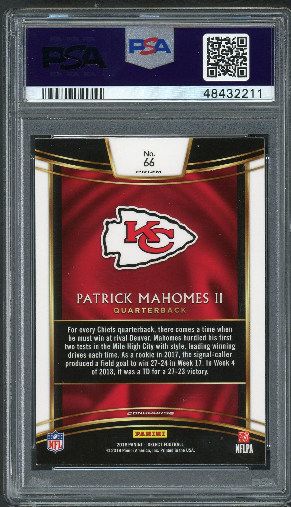 Patrick Mahomes 2018 Panini Select Silver Prizm Football Card #66 Graded PSA 9 MINT-Powers Sports Memorabilia