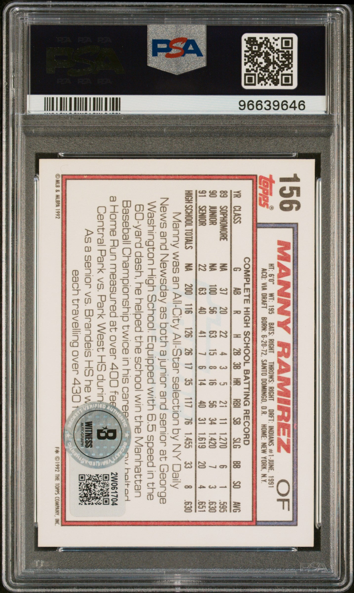 Manny Ramirez 1992 Topps Signed Baseball Rookie Card #156 Auto Graded PSA 10-Powers Sports Memorabilia