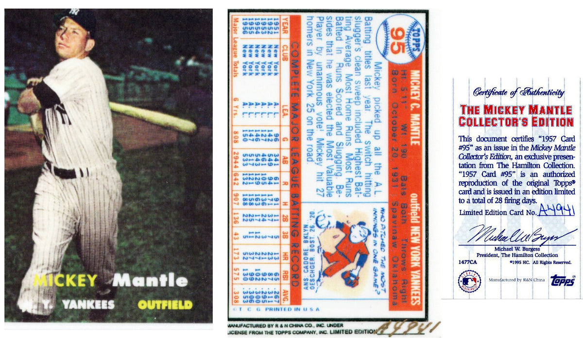 Mickey Mantle New York Yankees 1957 Topps #95 Ceramic Limited Edition Baseball Card W/COA-Powers Sports Memorabilia