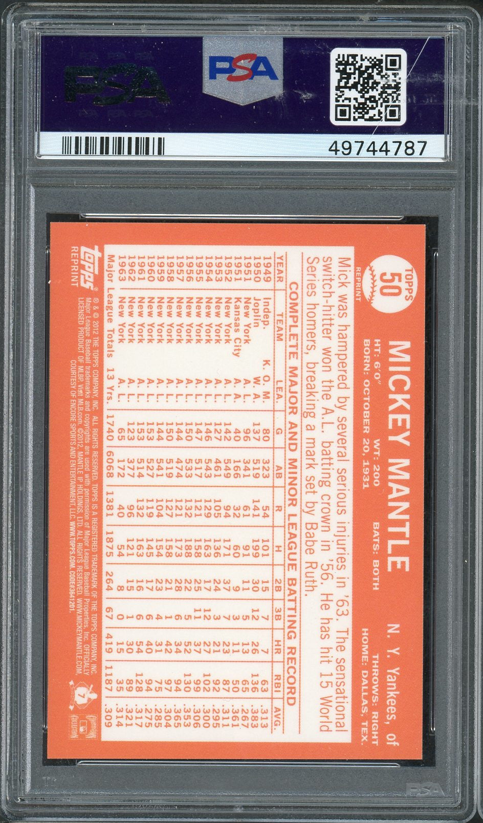 Mickey Mantle MLB 2012 Topps 1964 Reprint Gold Refractor Baseball Card #50 Graded PSA 10 GEM MINT-Powers Sports Memorabilia