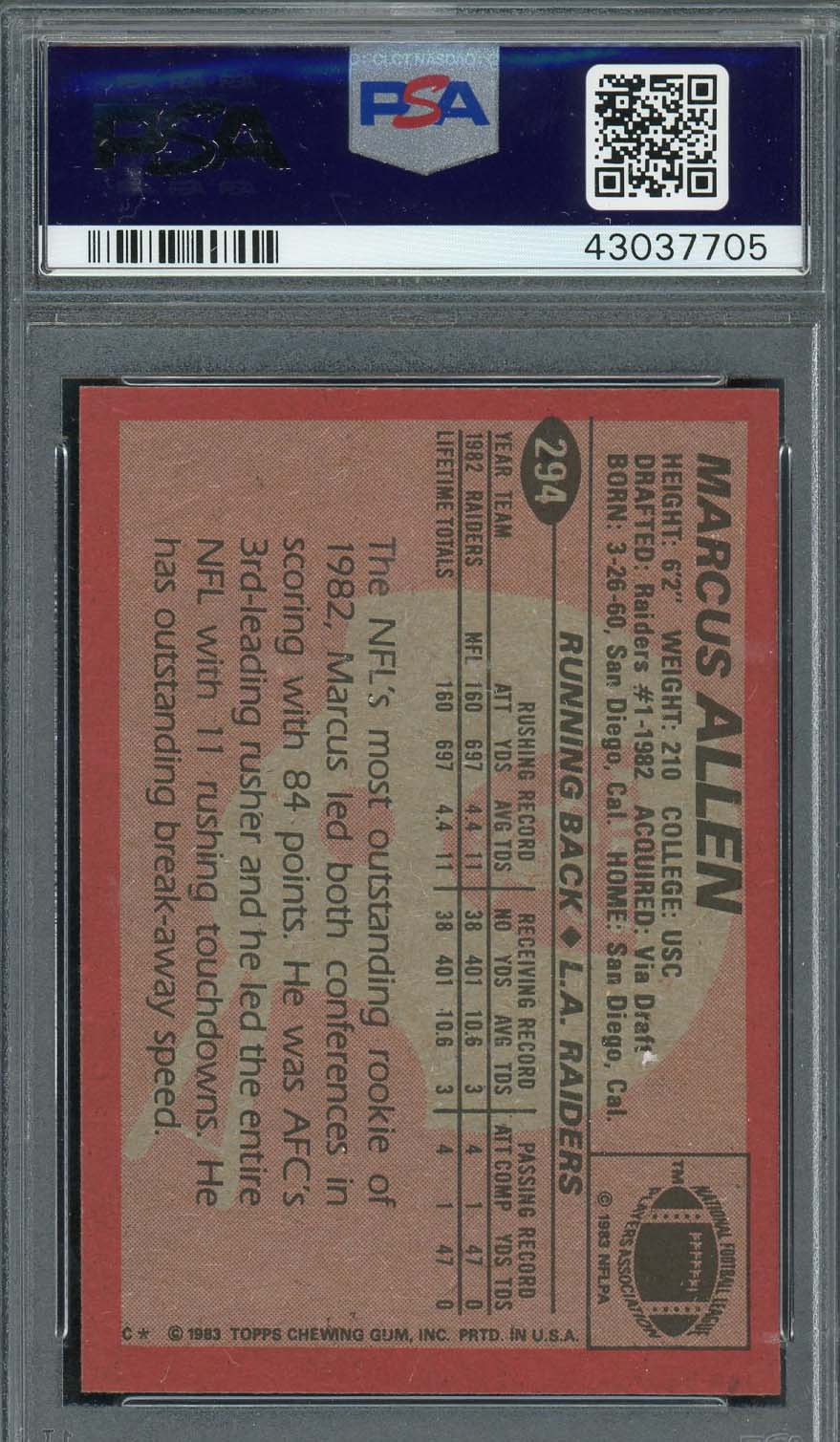 Marcus Allen 1983 Topps Football Rookie Card RC #294 Graded PSA 8-Powers Sports Memorabilia
