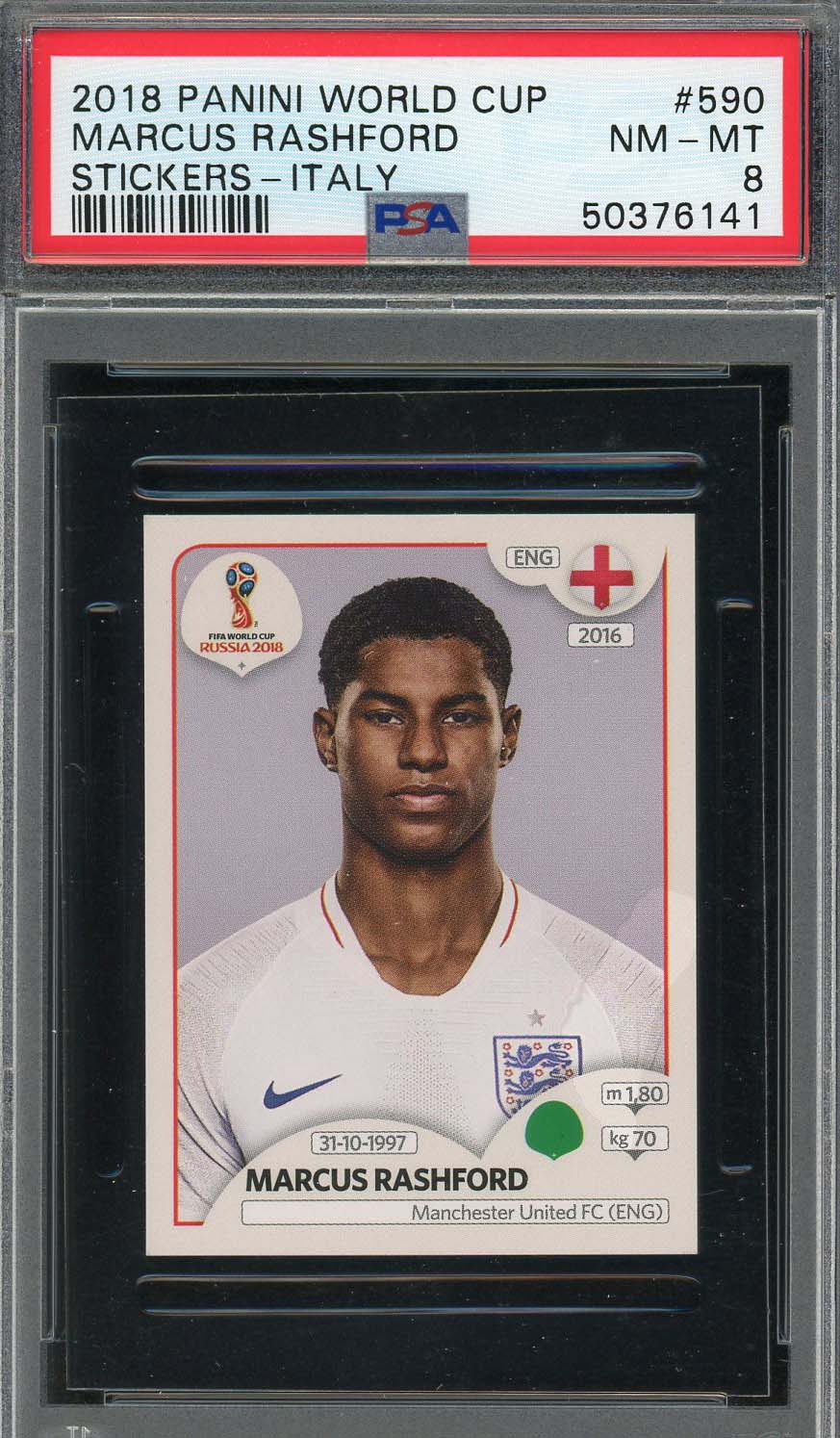 Marcus Rashford 2018 Panini World Cup Rookie Stickers Italy Card #590 PSA 8-Powers Sports Memorabilia