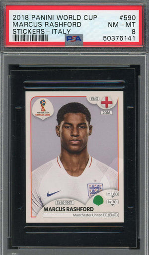 Marcus Rashford 2018 Panini World Cup Rookie Stickers Italy Card #590 PSA 8-Powers Sports Memorabilia