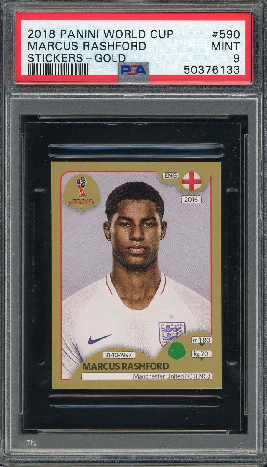 Marcus Rashford 2018 Panini World Cup Rookie Stickers Gold Card #590 PSA 9-Powers Sports Memorabilia