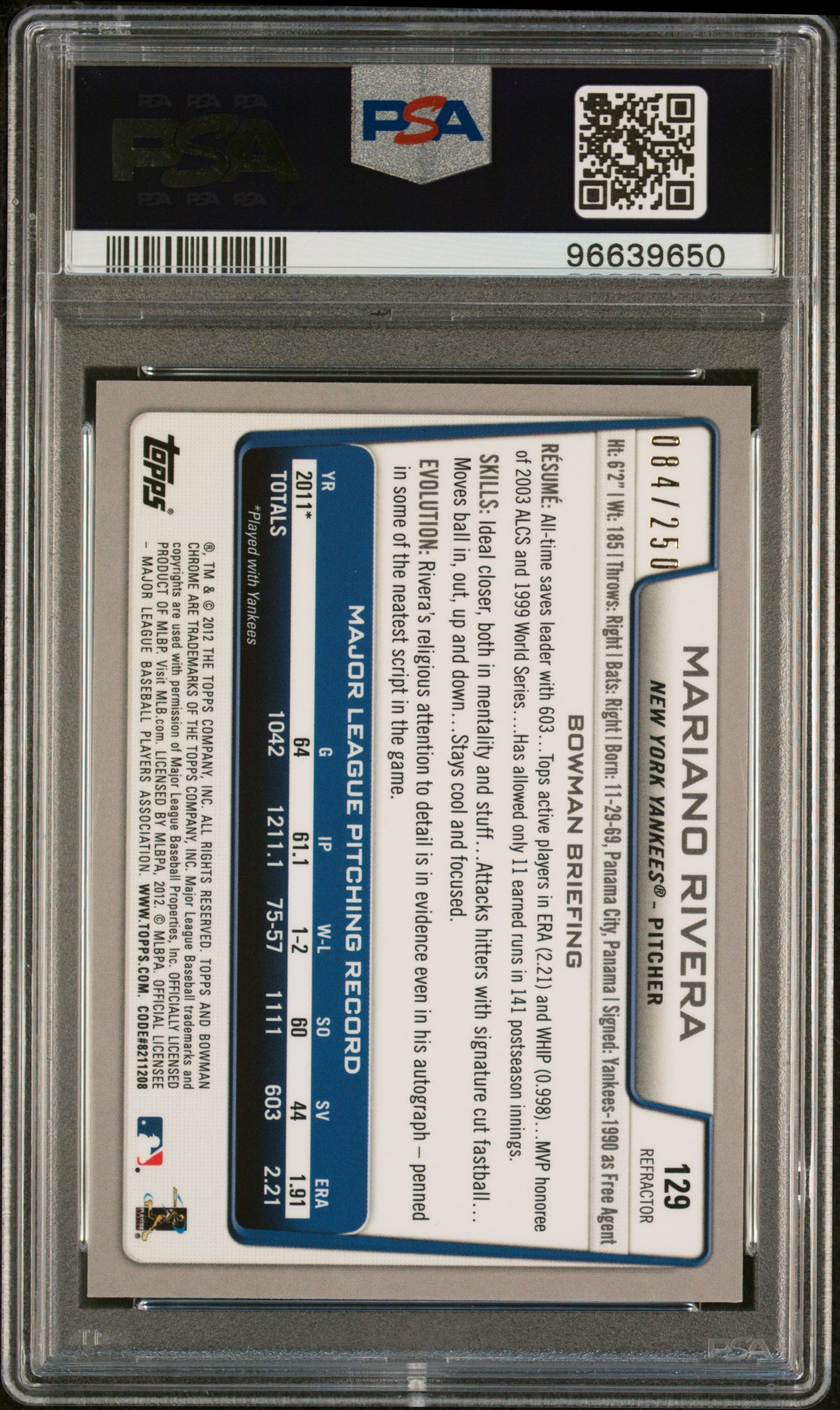 Mariano Rivera 2012 Bowman Chrome Blue Refractor Card #129 Auto PSA 10 84/250-Powers Sports Memorabilia