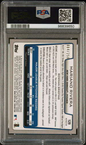 Mariano Rivera 2012 Bowman Chrome Blue Refractor Card #129 Auto PSA 10 84/250-Powers Sports Memorabilia
