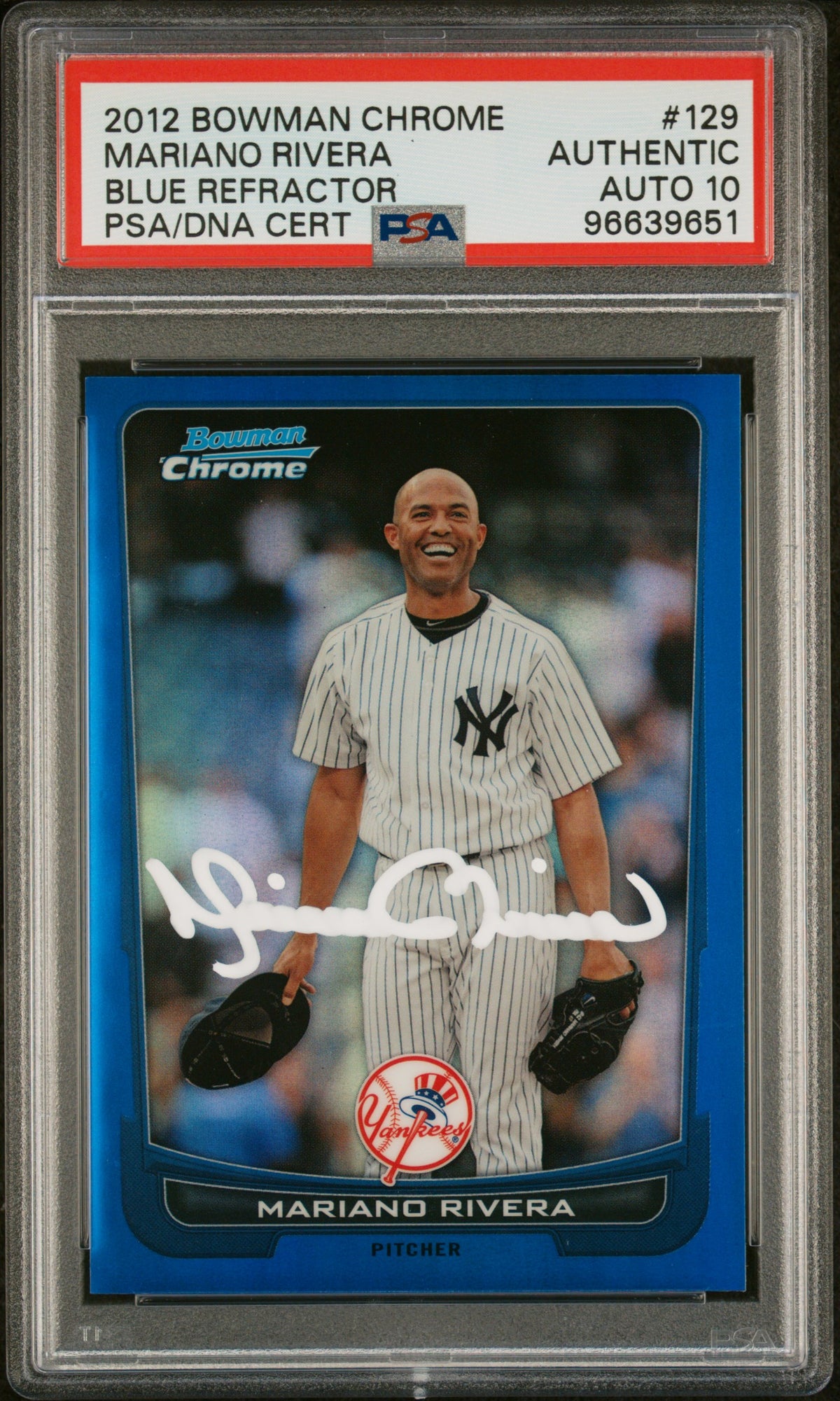 Mariano Rivera 2012 Bowman Chrome Blue Refractor Card #129 Auto PSA 10 2/250