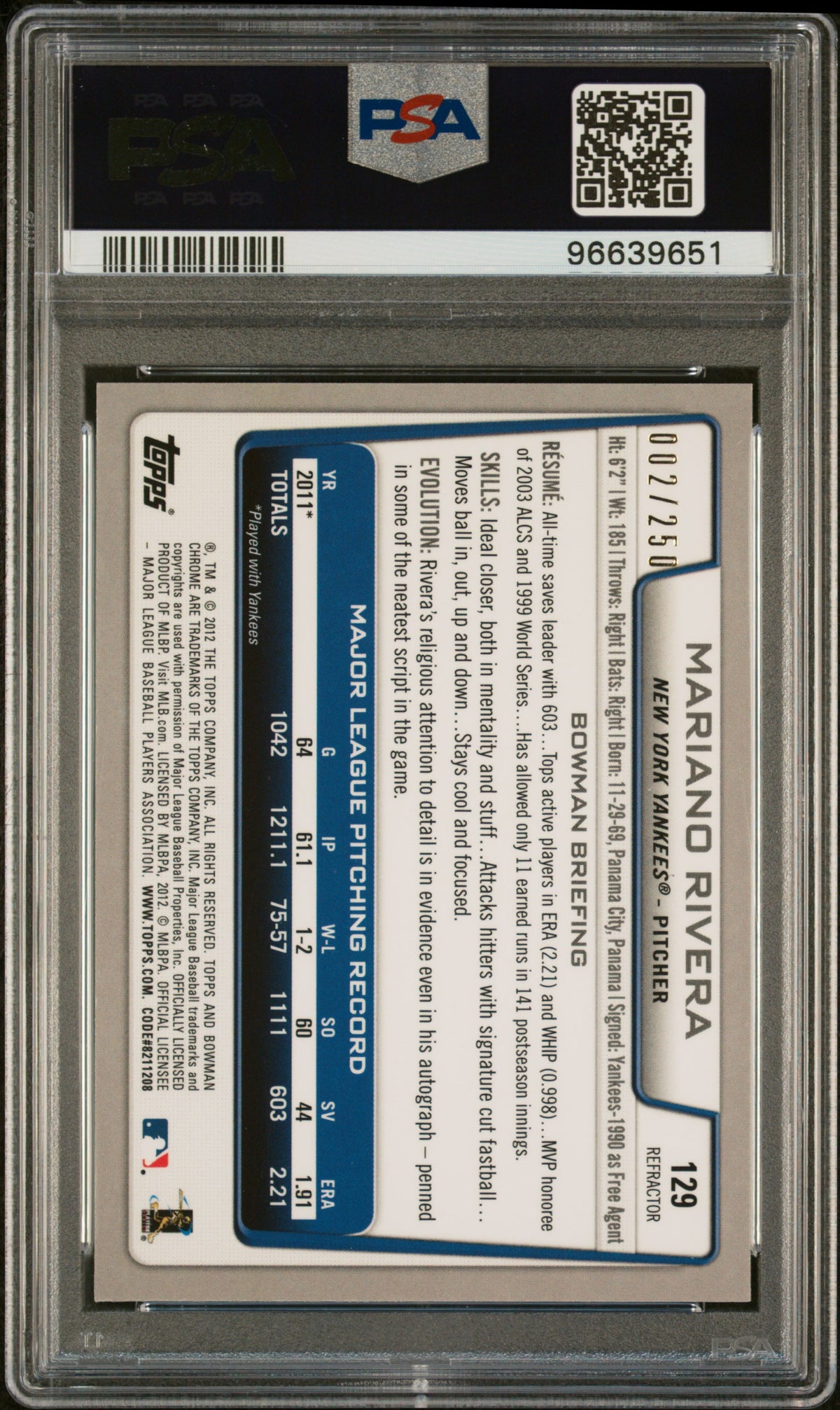 Mariano Rivera 2012 Bowman Chrome Blue Refractor Card #129 Auto PSA 10 2/250