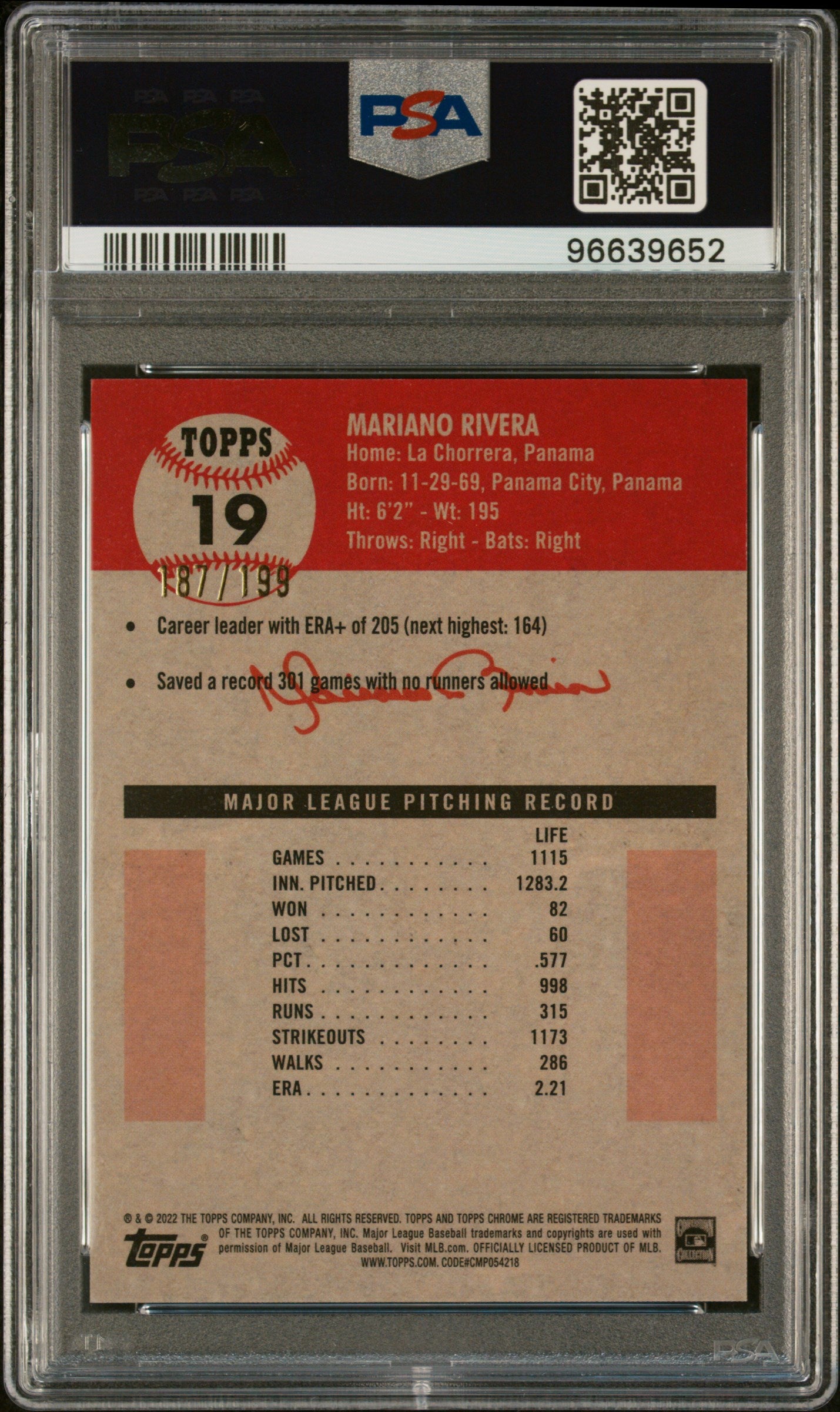 Mariano Rivera 2022 Topps Chrome Blue Refractor Card #19 Auto PSA 10 187/199-Powers Sports Memorabilia