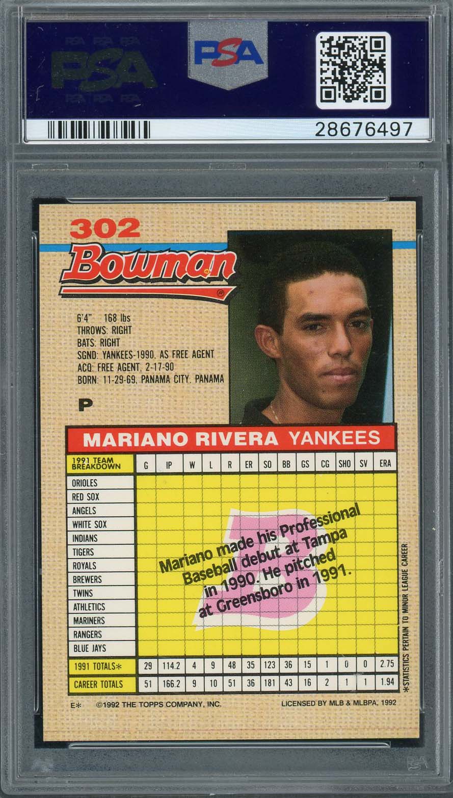 Mariano Rivera 1992 Bowman Baseball Rookie Card RC #302 Graded PSA 8-Powers Sports Memorabilia