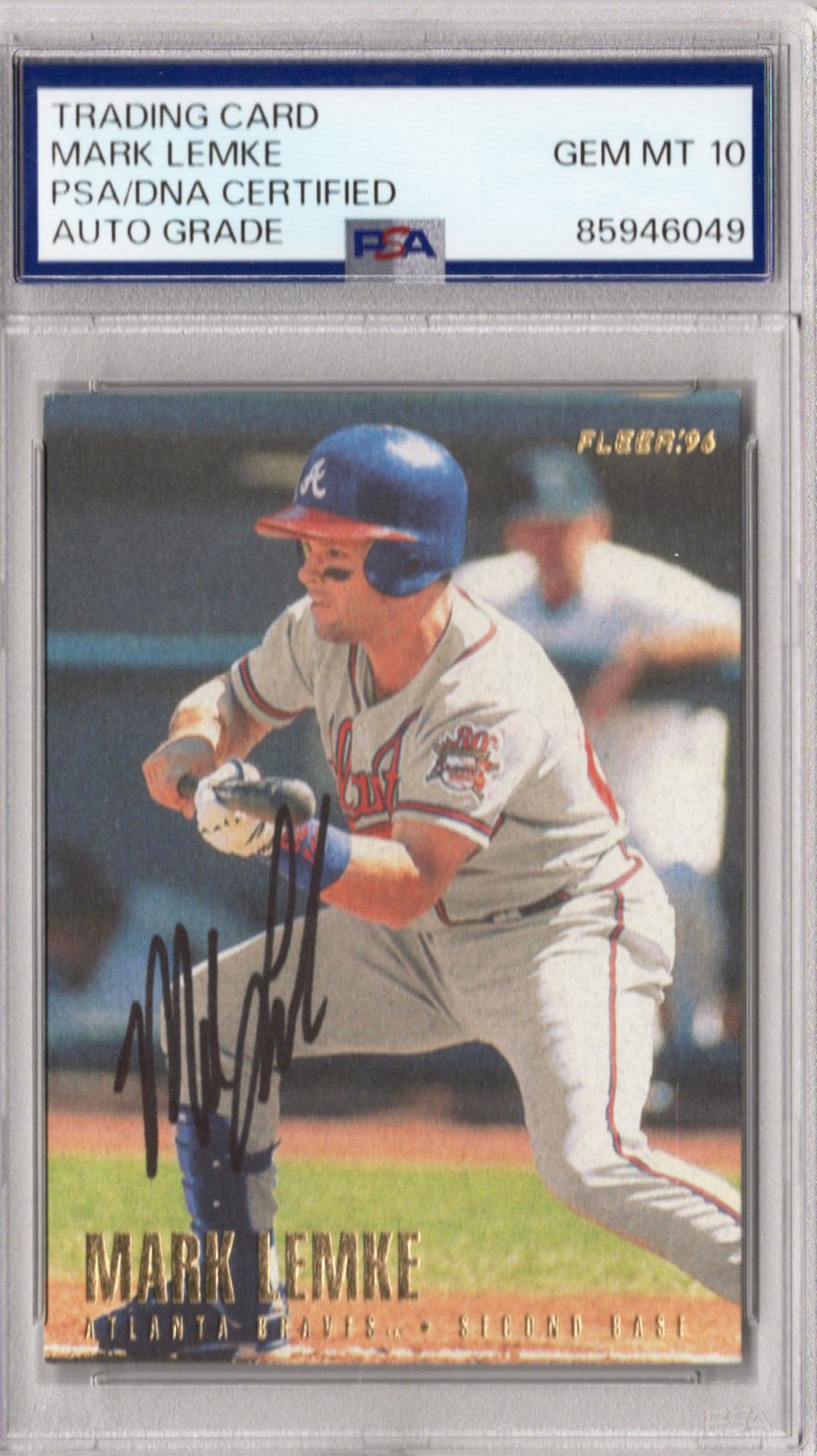 Mark Lemke Signed Atlanta Braves 1996 Fleer Card #297 PSA AUTO GRADE GEM MT 10-Powers Sports Memorabilia
