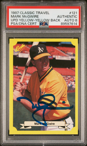 Mark McGwire 1987 Classic Travel Yellow Back Rookie Card #121 Auto PSA 8 9597614-Powers Sports Memorabilia