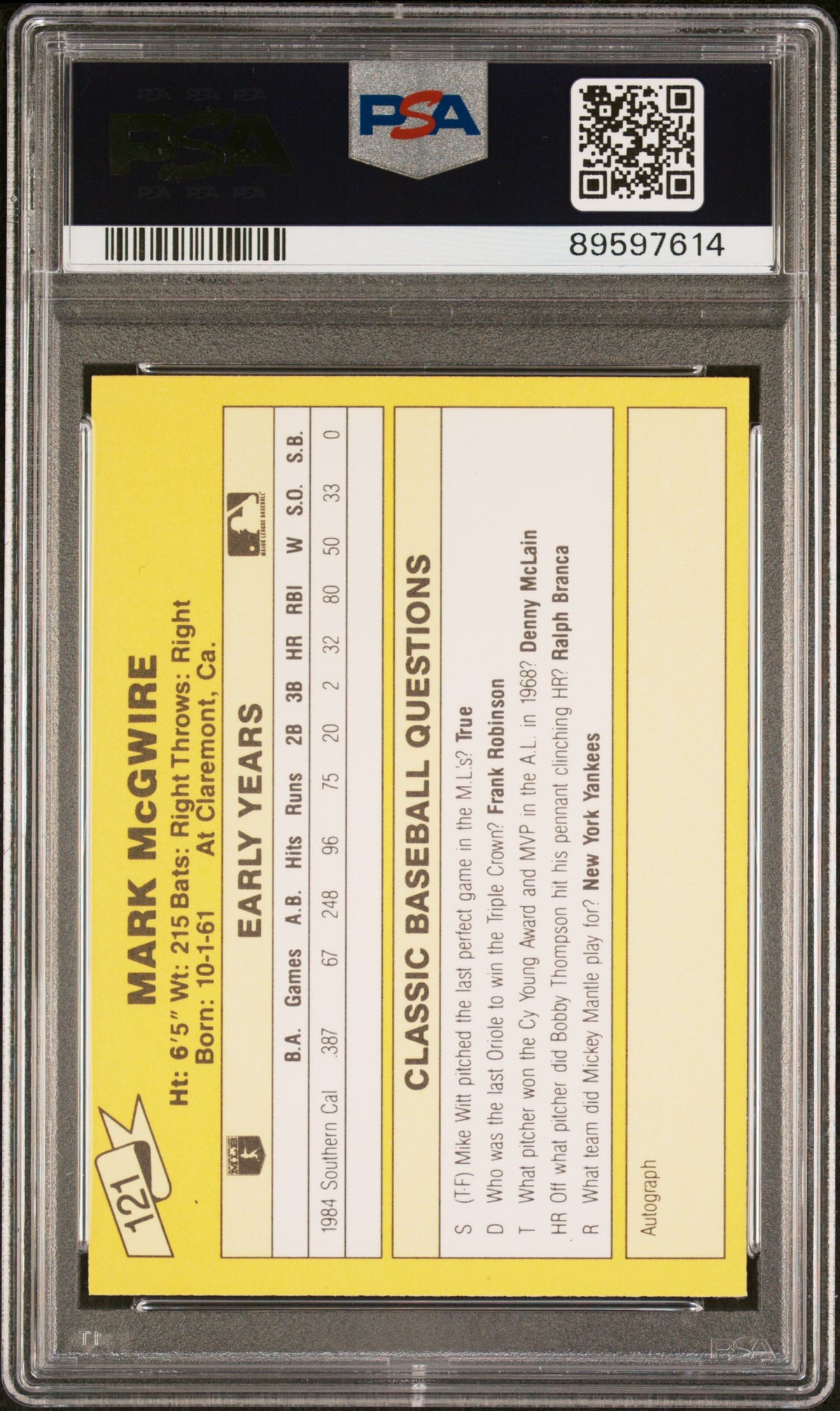 Mark McGwire 1987 Classic Travel Yellow Back Rookie Card #121 Auto PSA 8 9597614-Powers Sports Memorabilia