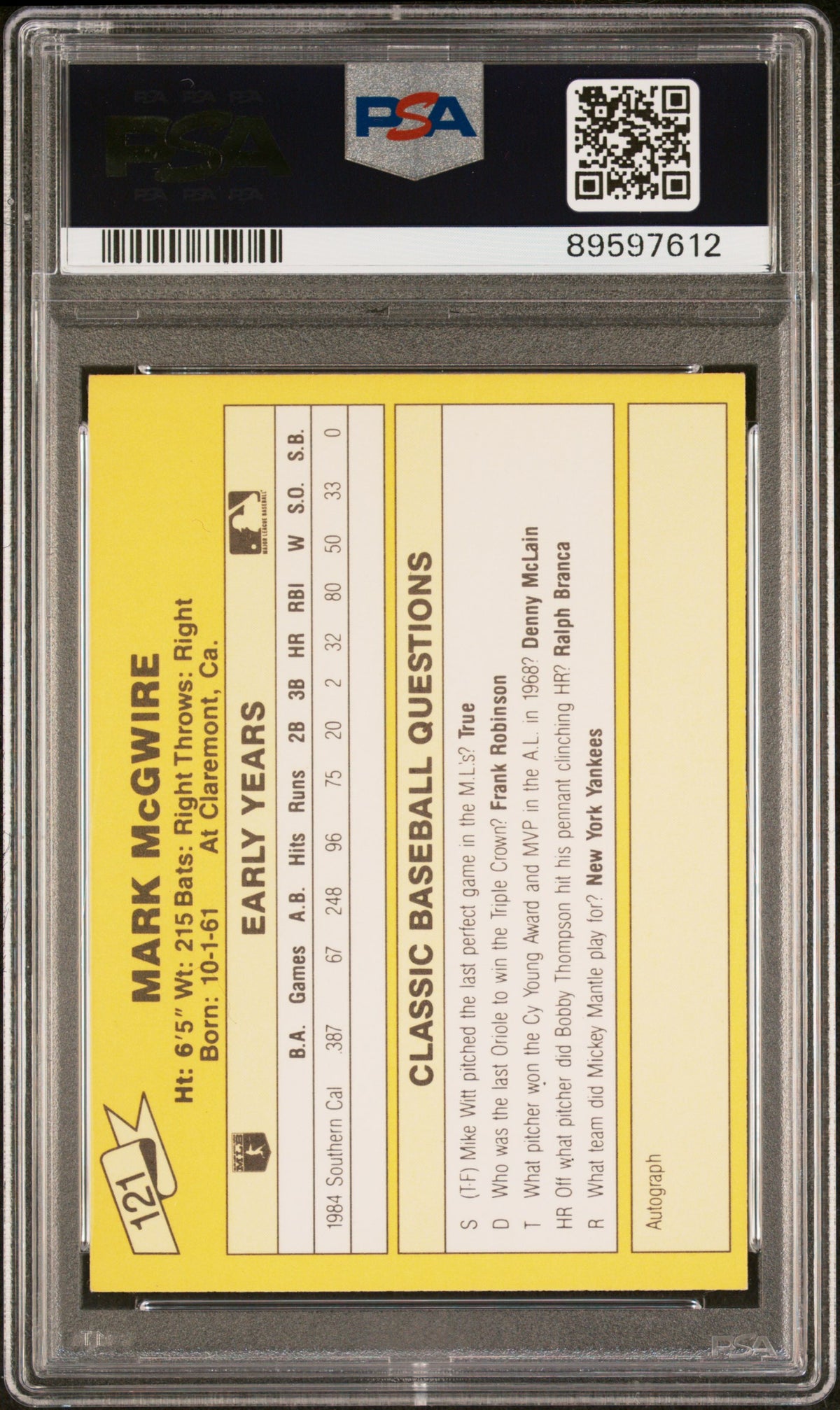 Mark McGwire 1987 Classic Travel Yellow Back Rookie Card #121 Auto PSA 9 9597612-Powers Sports Memorabilia