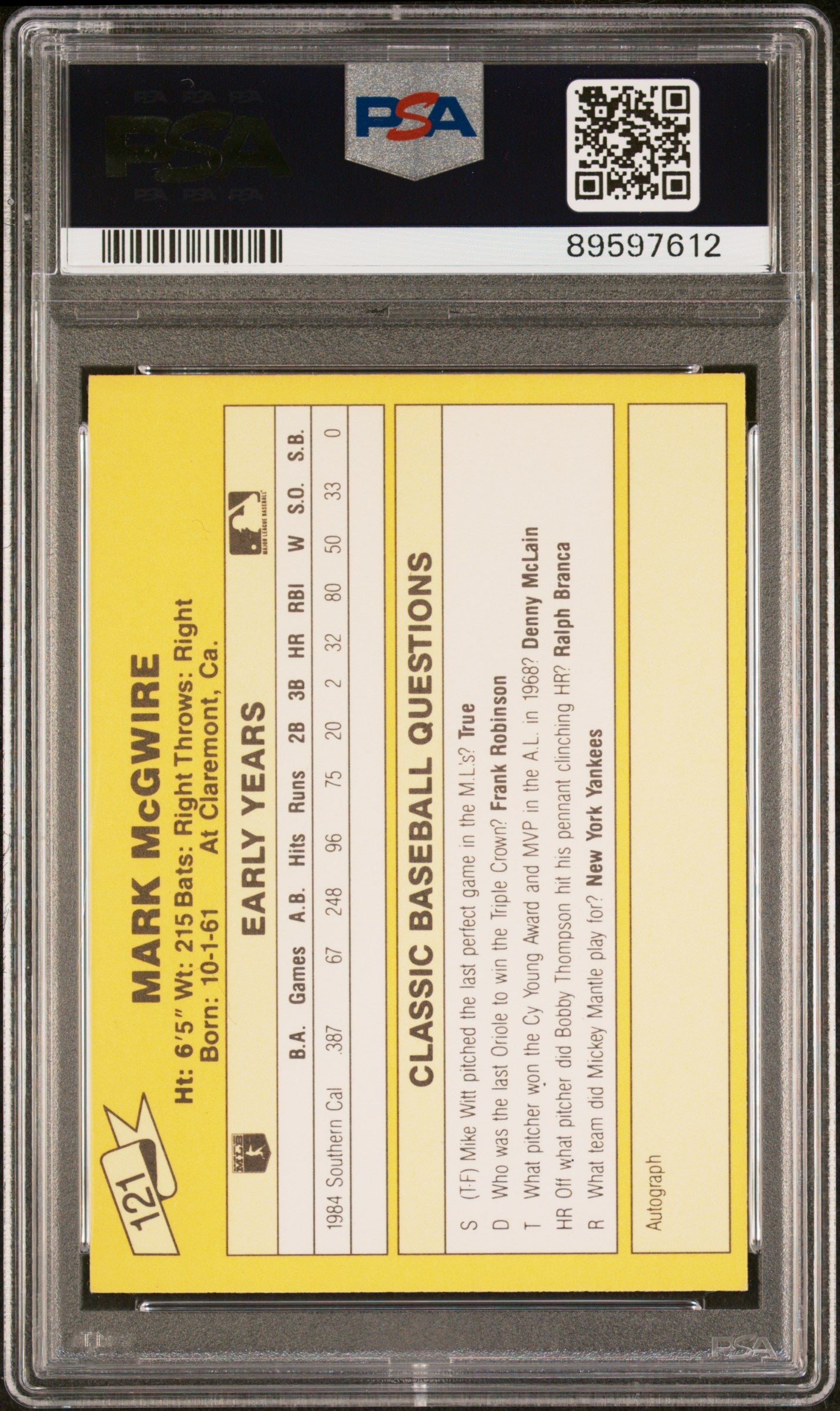 Mark McGwire 1987 Classic Travel Yellow Back Rookie Card #121 Auto PSA 9 9597612-Powers Sports Memorabilia