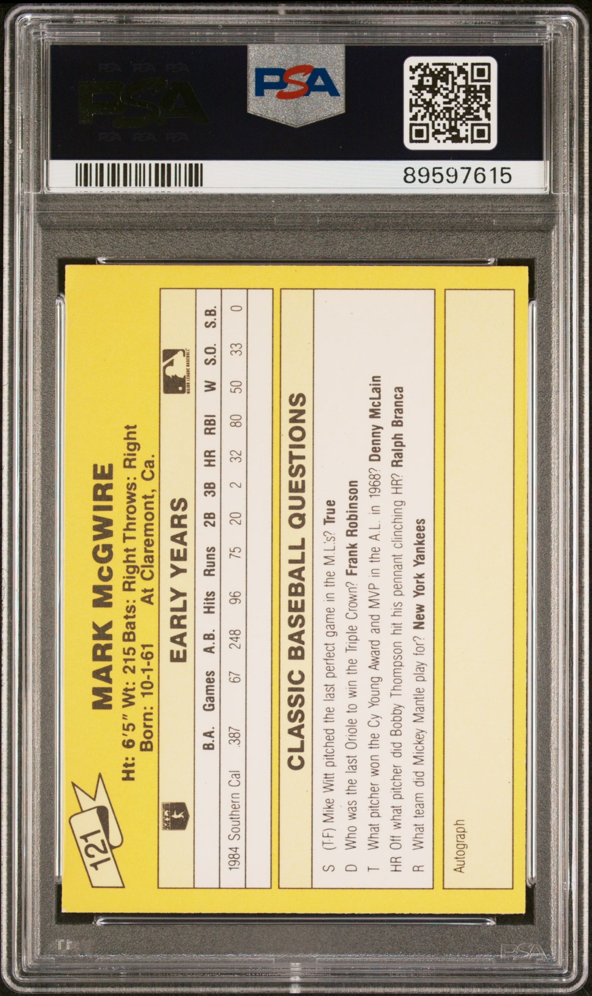 Mark McGwire 1987 Classic Travel Yellow Back Rookie Card #121 Auto PSA 9 9597615-Powers Sports Memorabilia