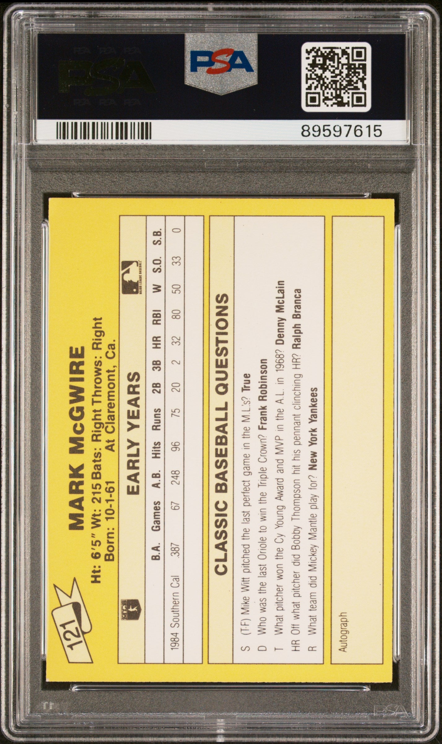 Mark McGwire 1987 Classic Travel Yellow Back Rookie Card #121 Auto PSA 9 9597615-Powers Sports Memorabilia