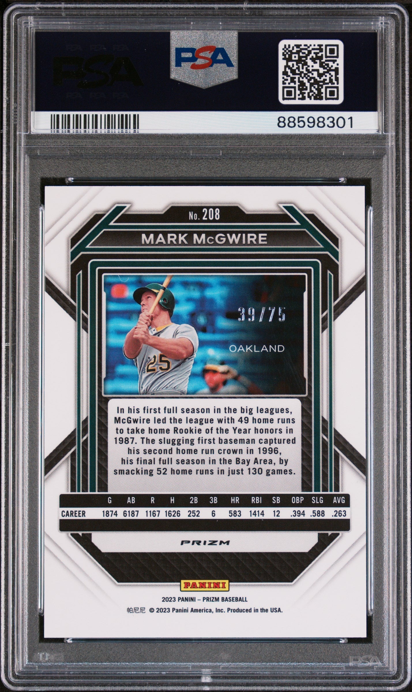 Mark McGwire 2023 Panini Prizm Green Scope Baseball Card #208 Graded PSA 8 39/75-Powers Sports Memorabilia