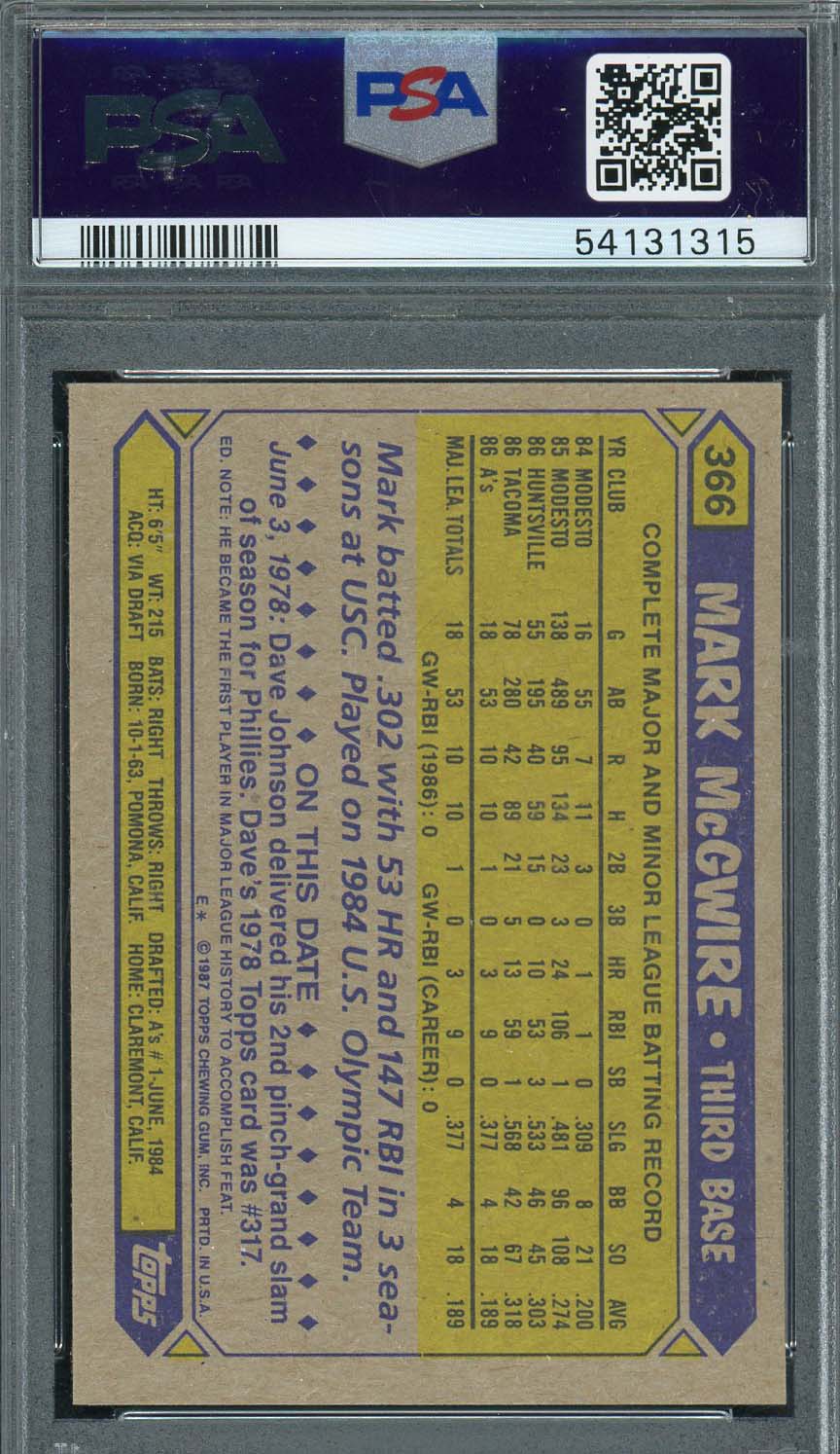 Mark McGwire 1987 Topps Baseball Rookie Card RC #366 Graded PSA 8-Powers Sports Memorabilia