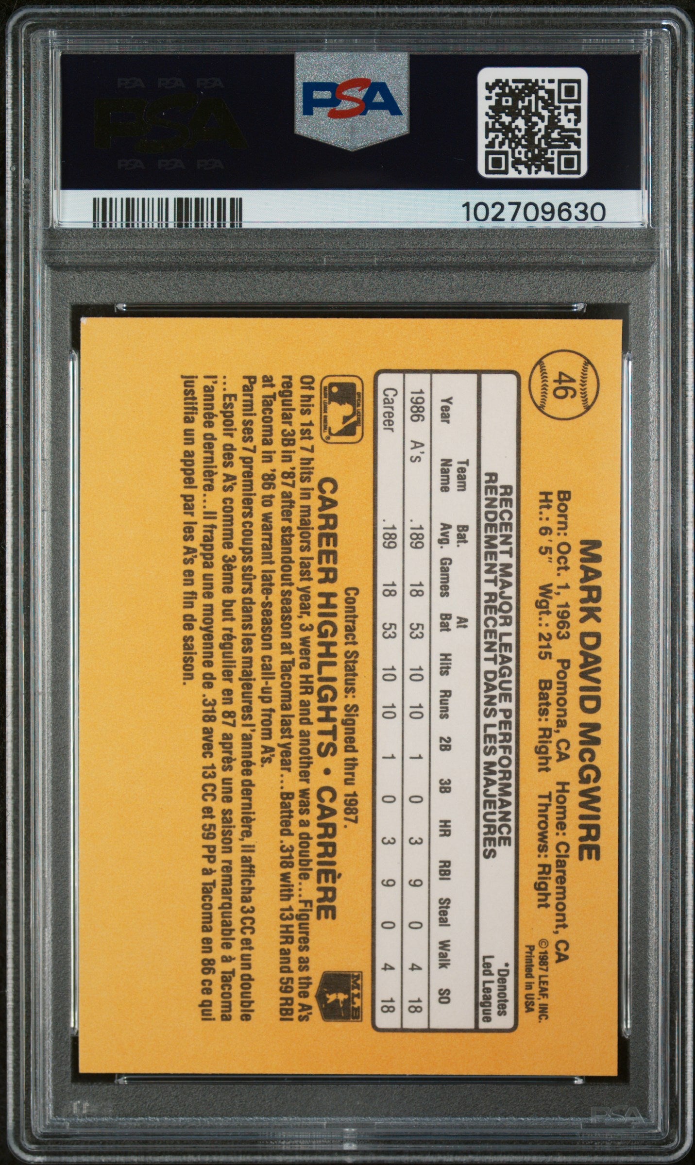 Mark McGwire 1987 Leaf Baseball Rookie Card #46 Graded PSA 8-Powers Sports Memorabilia