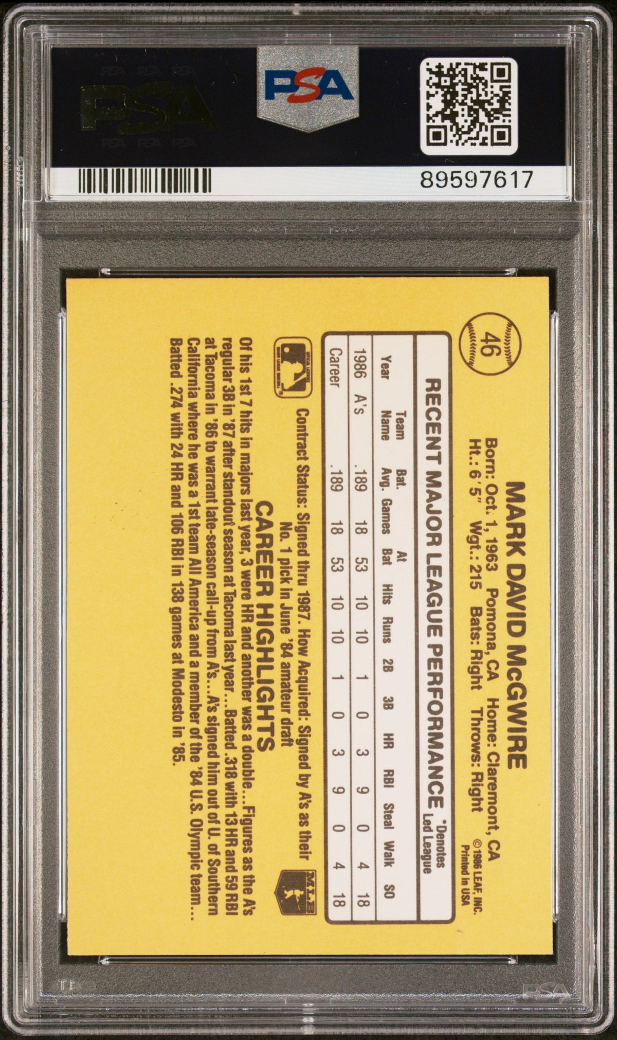 Mark McGwire 1987 Donruss Signed Baseball Rookie Card #46 Auto Graded PSA 9 7617-Powers Sports Memorabilia