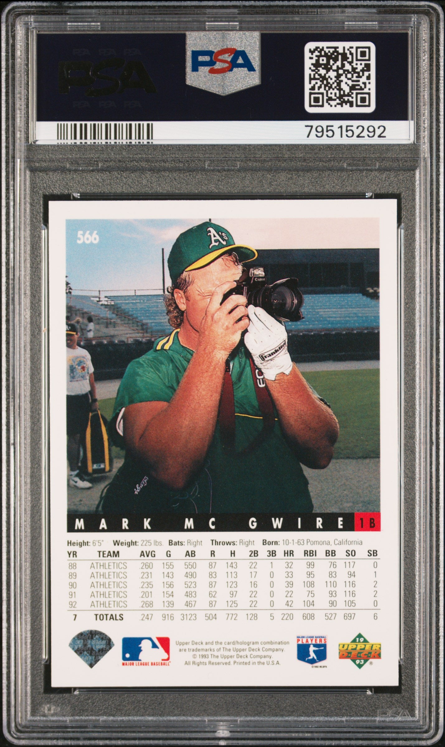 Mark McGwire 1993 Upper Deck Baseball Card #566 Graded PSA 10-Powers Sports Memorabilia