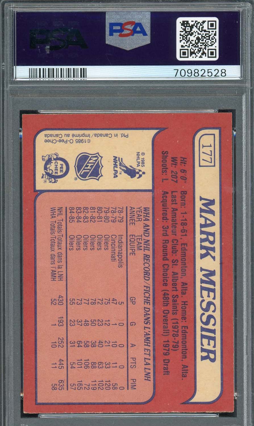 Mark Messier 1985 O-Pee-Chee Signed Hockey Card #177 Auto Graded PSA 8 70982528-Powers Sports Memorabilia