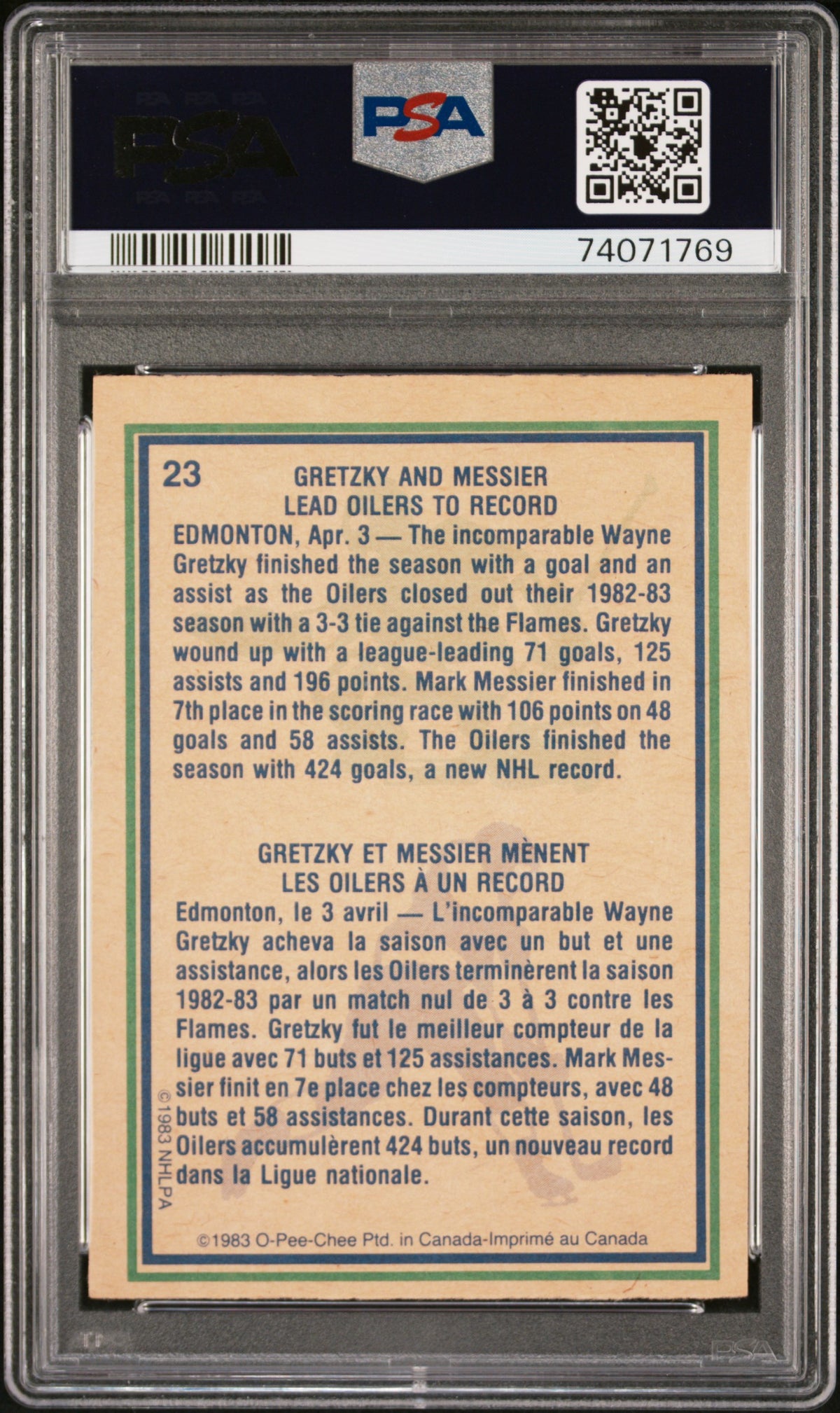 Wayne Gretzky and Mark Messier 1983 O-Pee-Chee Highlights Card #23 Graded PSA 7-Powers Sports Memorabilia
