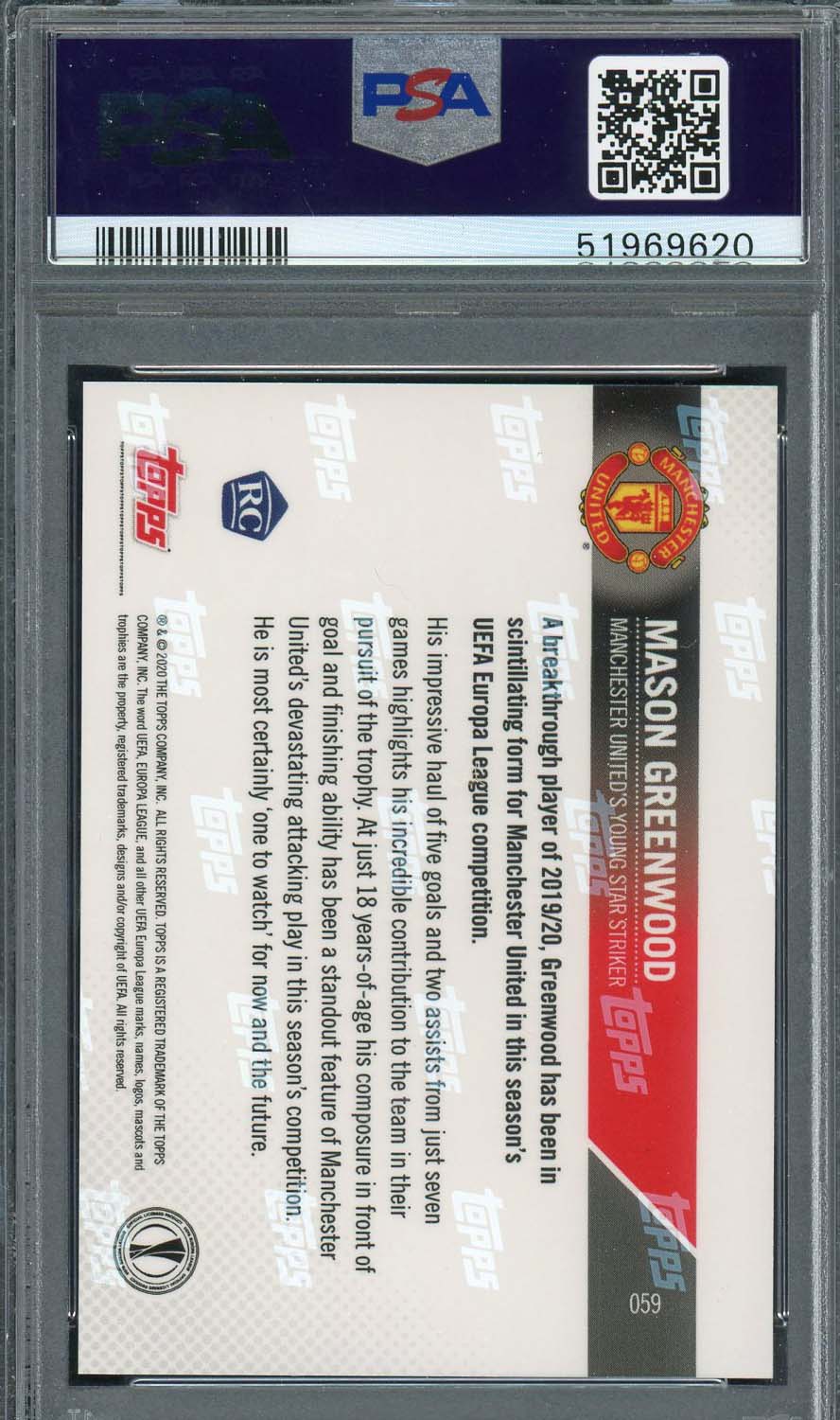 Mason Greenwood 2019 Topps Now UEFA Champions League Rookie Card #59 PSA 10-Powers Sports Memorabilia