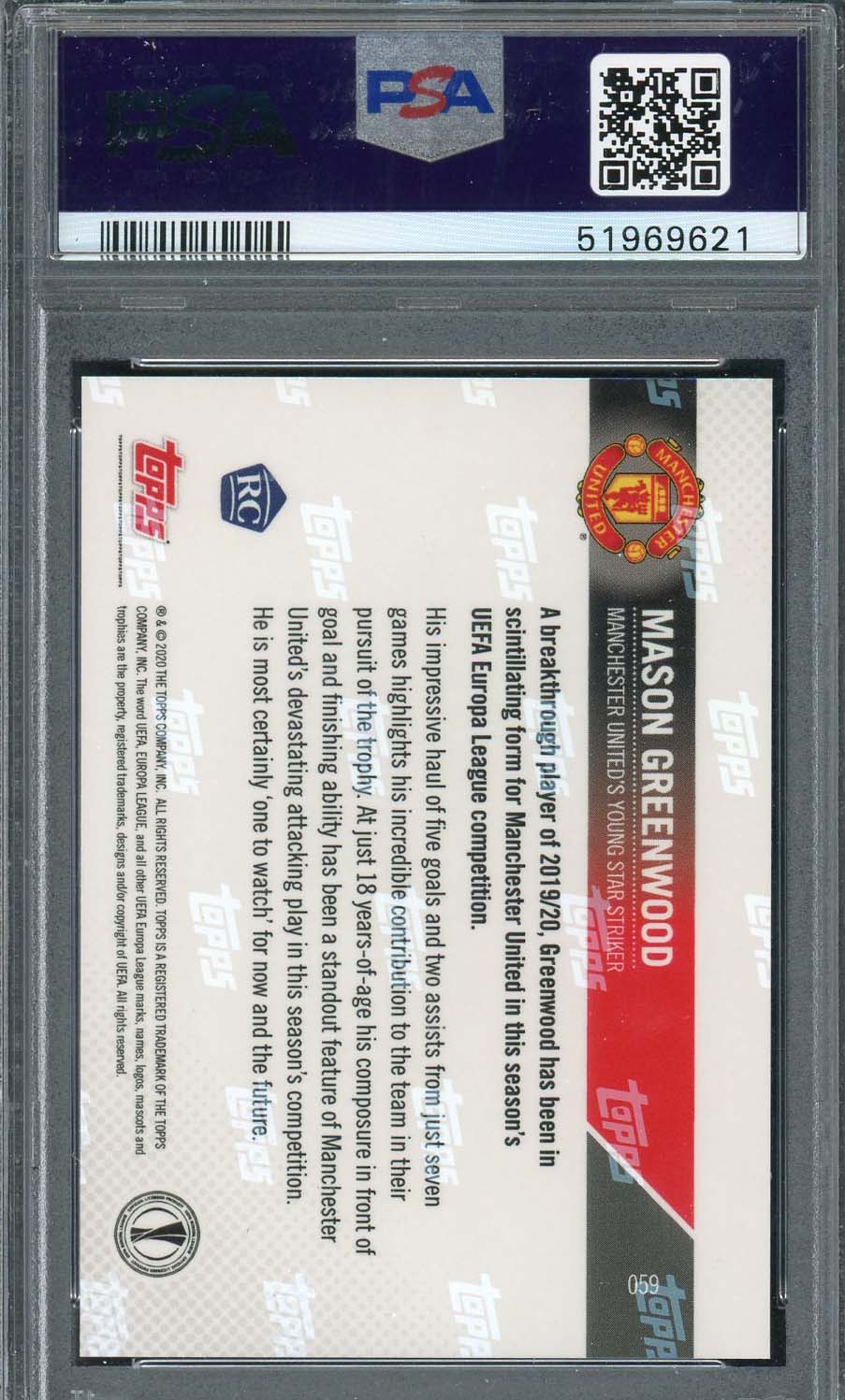 Mason Greenwood 2019 Topps Now UEFA Champions League Rookie Card #59 PSA 9-Powers Sports Memorabilia