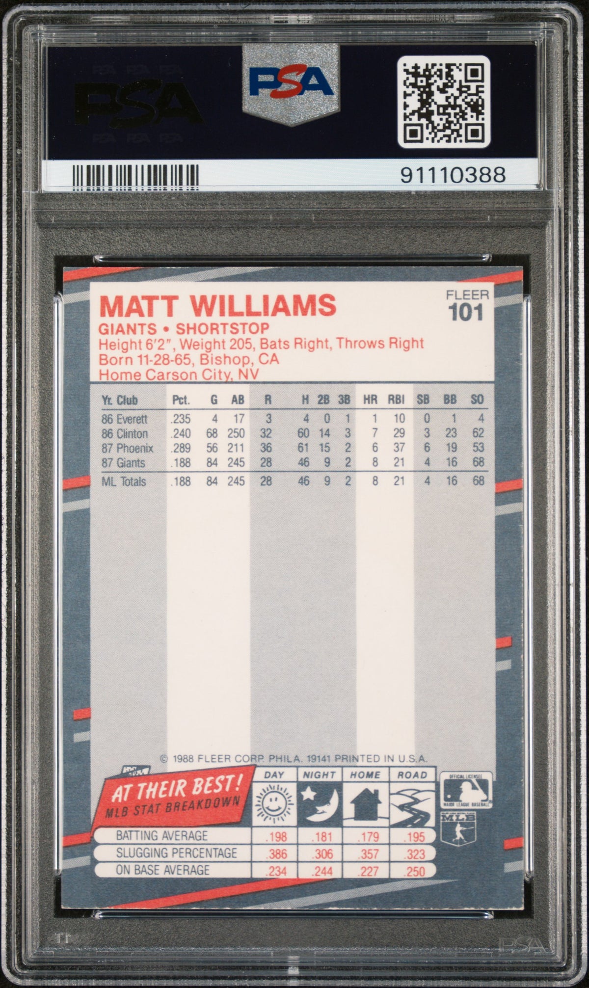Matt Williams 1988 Fleer Signed Baseball Rookie Card #101 Auto Graded PSA 10-Powers Sports Memorabilia