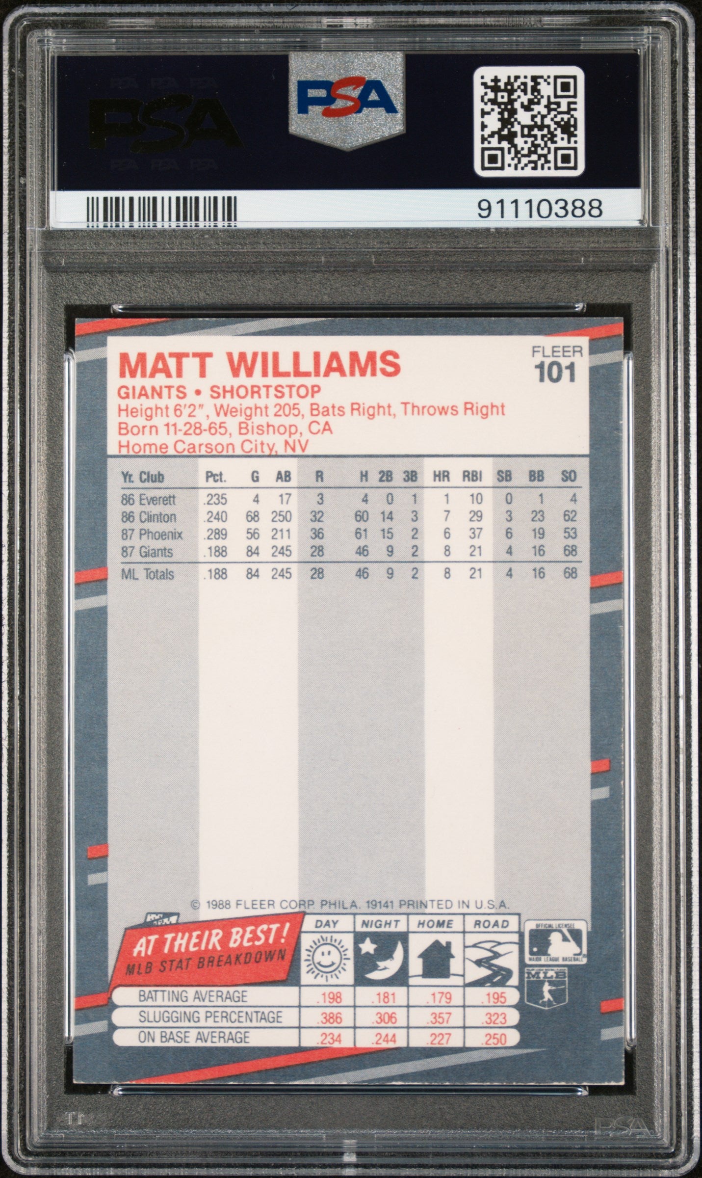 Matt Williams 1988 Fleer Signed Baseball Rookie Card #101 Auto Graded PSA 10-Powers Sports Memorabilia