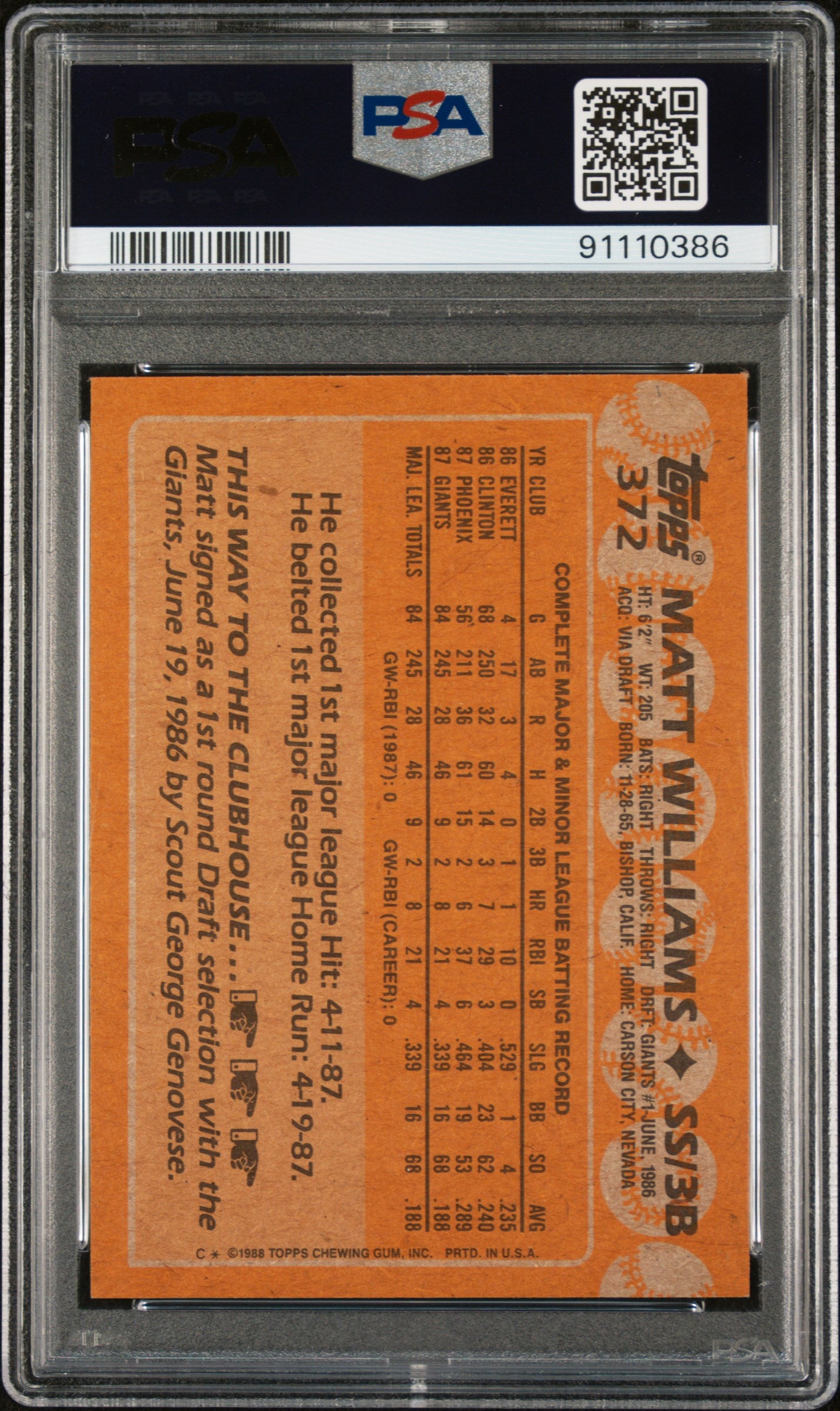 Matt Williams 1988 Topps Signed Baseball Rookie Card #372 Auto Graded PSA 10-Powers Sports Memorabilia