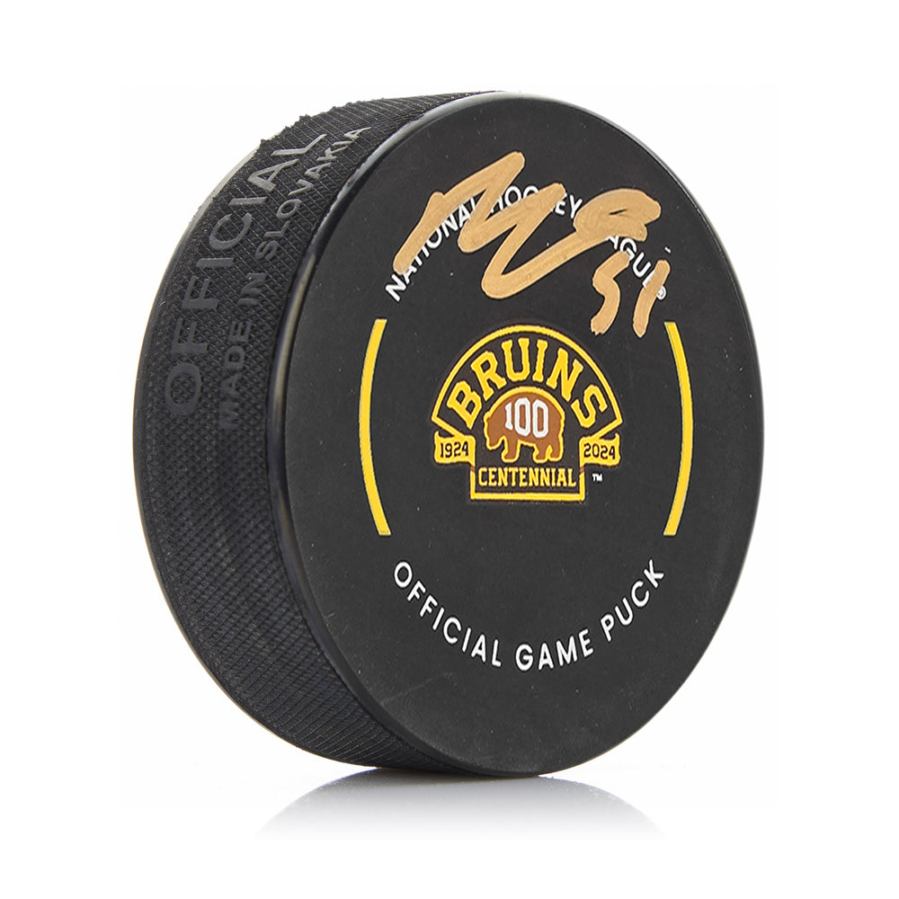 Matthew Poitras Boston Bruins Signed 100th Anniversary Hockey Game Puck-Powers Sports Memorabilia