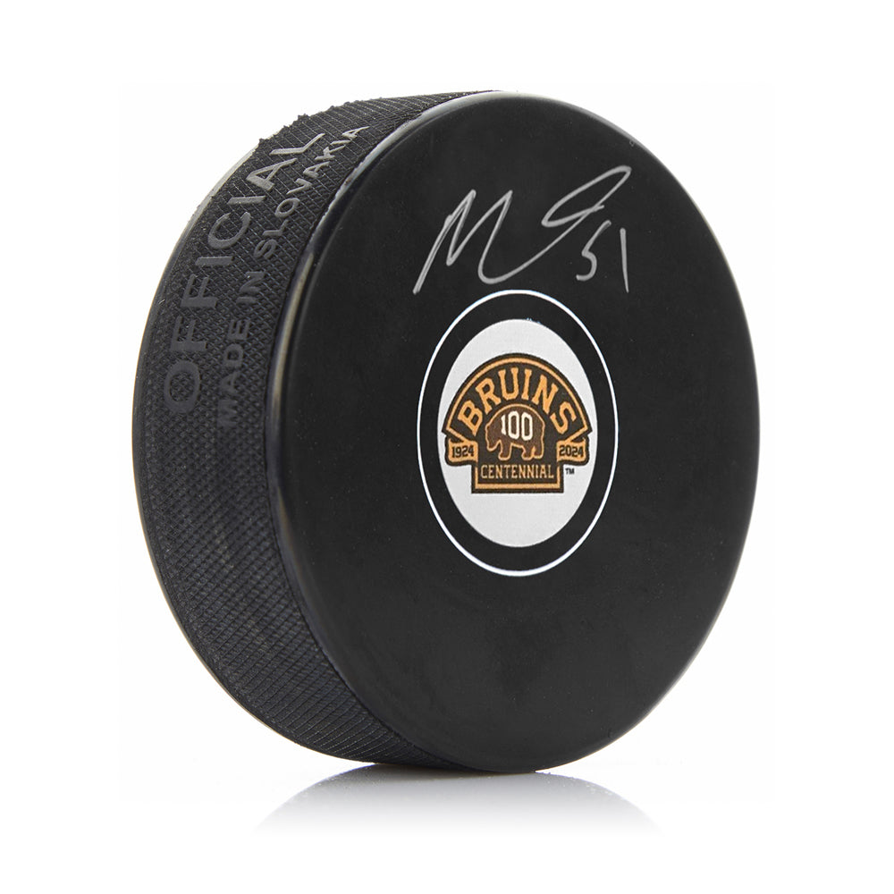Matthew Poitras Signed Boston Bruins 100th Anniversary Hockey Logo Puck-Powers Sports Memorabilia