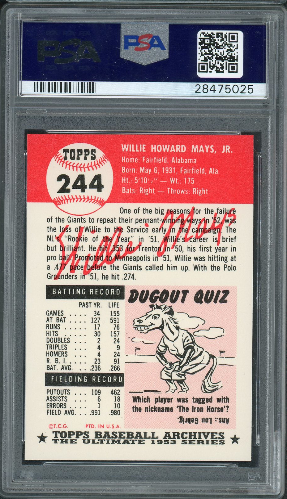 Willie Mays 1991 Topps Archives 1953 Reprint Baseball Card #244 Graded PSA 10 GEM MINT-Powers Sports Memorabilia