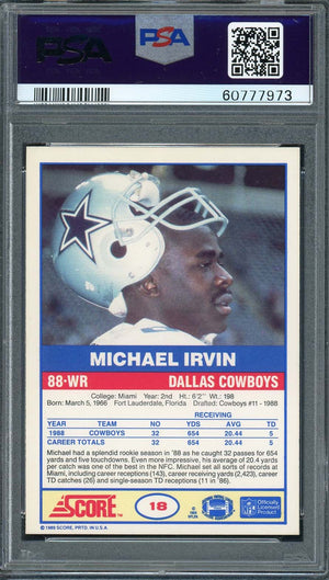 Michael Irvin 1989 Score Football Rookie Card RC #18 Graded PSA 9-Powers Sports Memorabilia