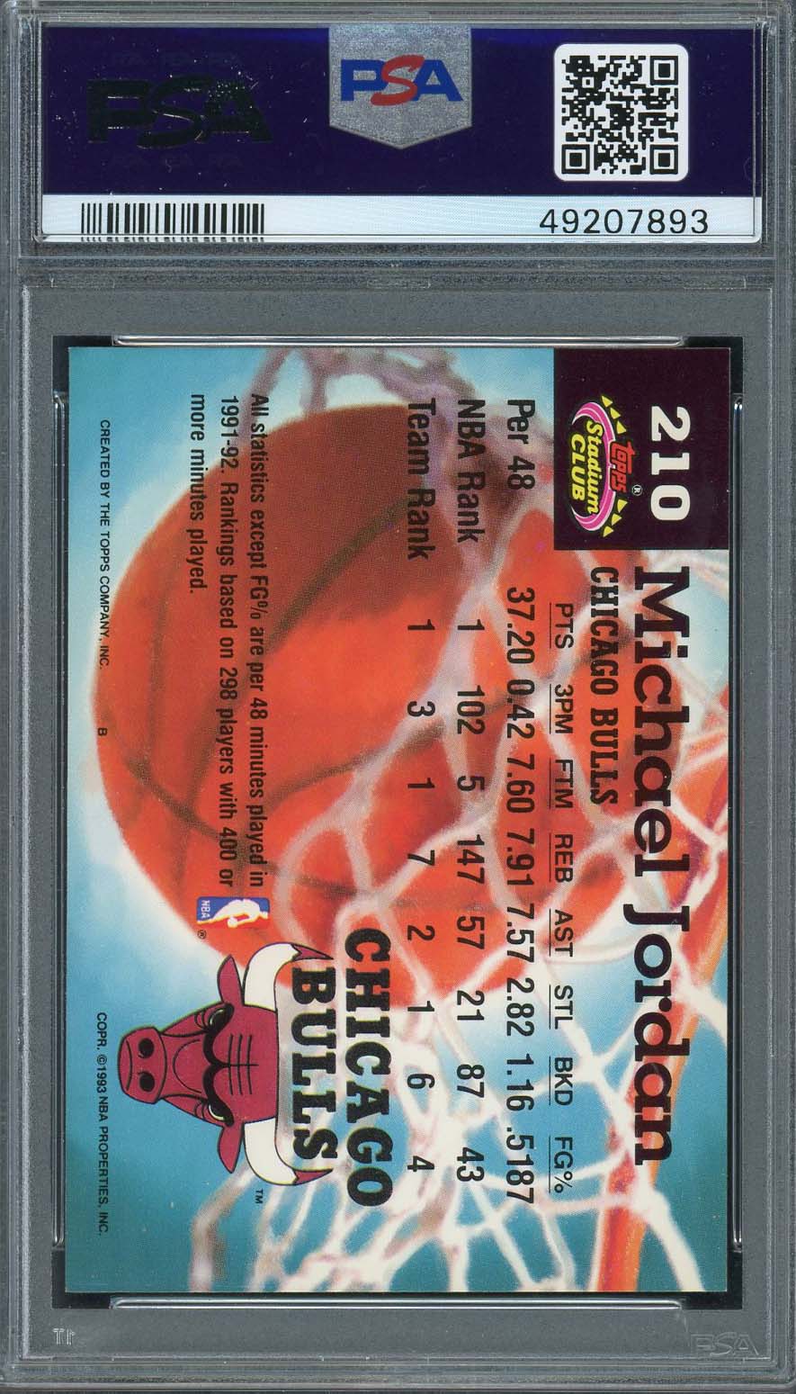 Michael Jordan 1992 Stadium Club Basketball Card #210 Graded PSA 8-Powers Sports Memorabilia