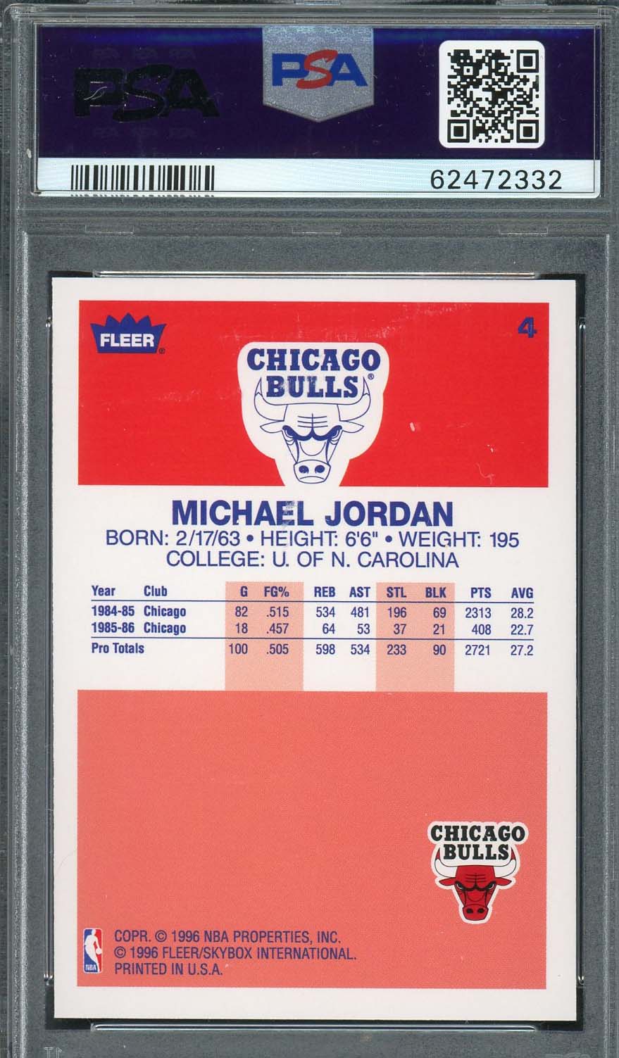 Michael Jordan 1996 Fleer Decade of Excellence Basketball Card #4 Graded PSA 8-Powers Sports Memorabilia