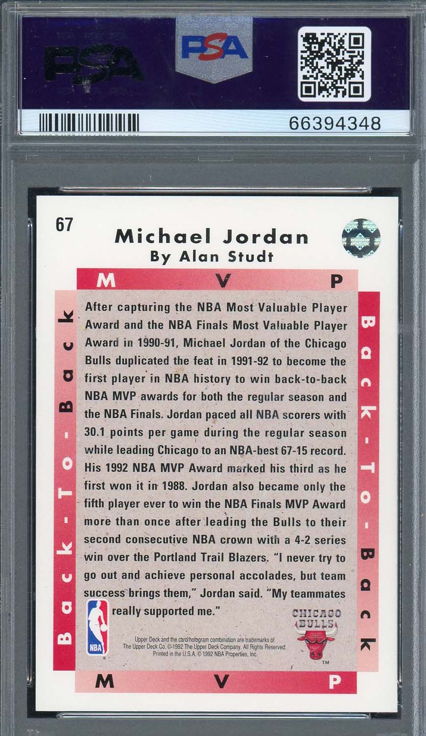 Michael Jordan 1992 Upper Deck MVP Basketball Card #67 Graded PSA 10-Powers Sports Memorabilia