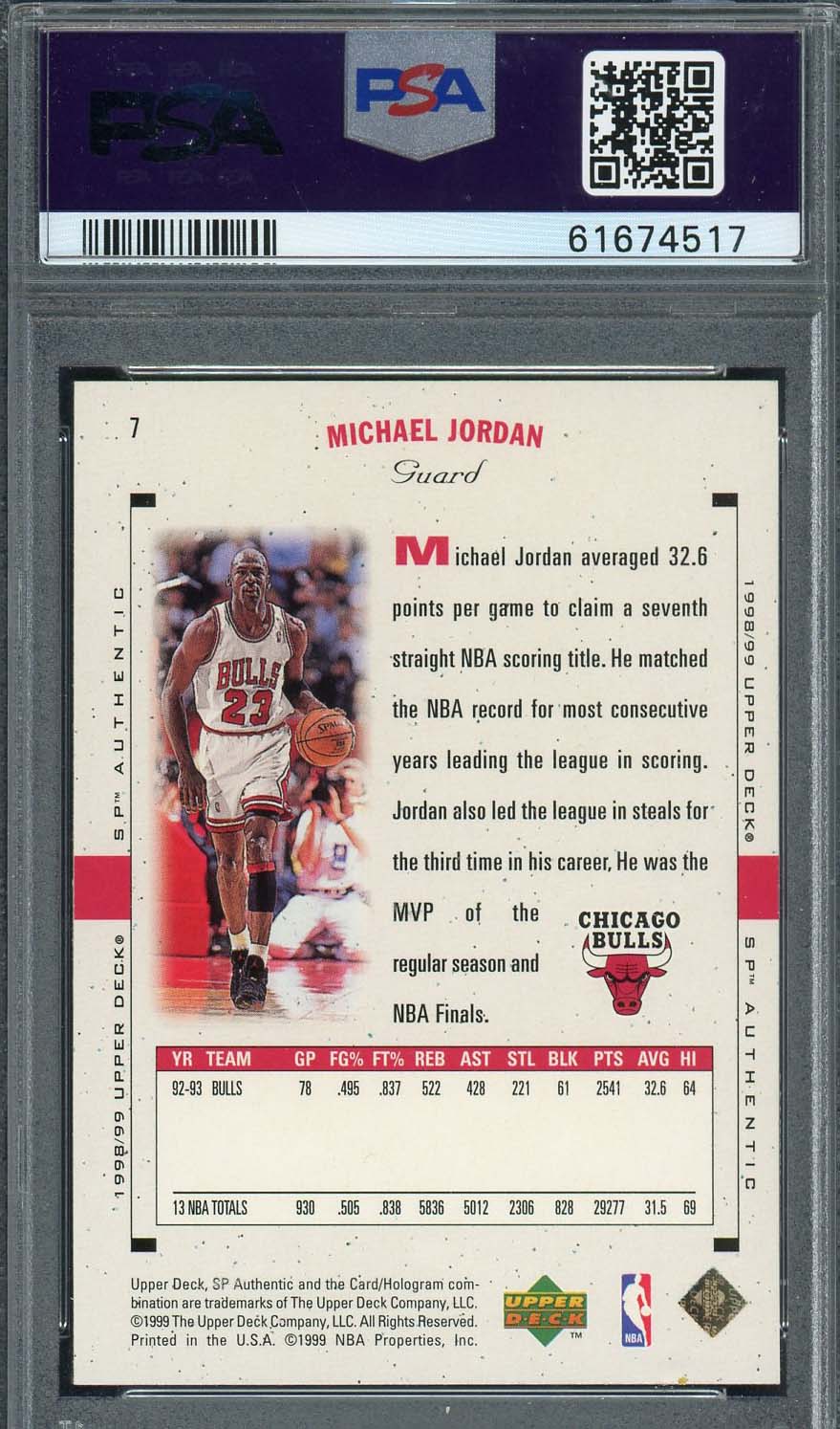 Michael Jordan 1998 Upper Deck SP Authentic Basketball Card #7 Graded PSA 8-Powers Sports Memorabilia