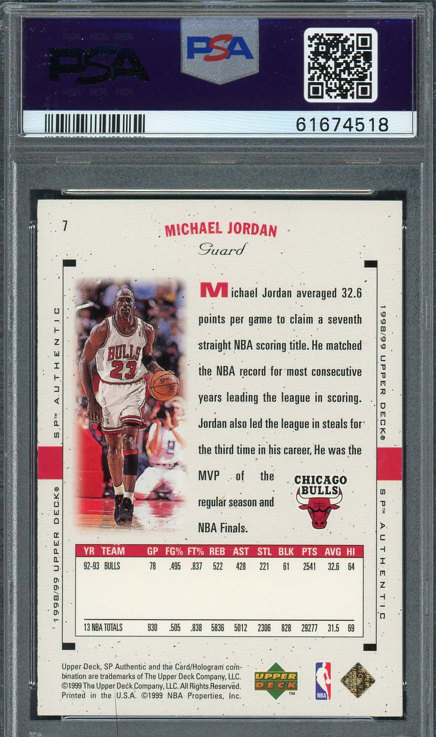 Michael Jordan 1998 Upper Deck SP Authentic Basketball Card #7 Graded PSA 9-Powers Sports Memorabilia