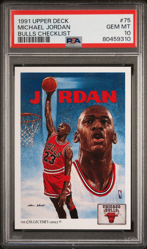 Michael Jordan 1991 Upper Deck Bulls Checklist Basketball Card #75 Graded PSA 10-Powers Sports Memorabilia